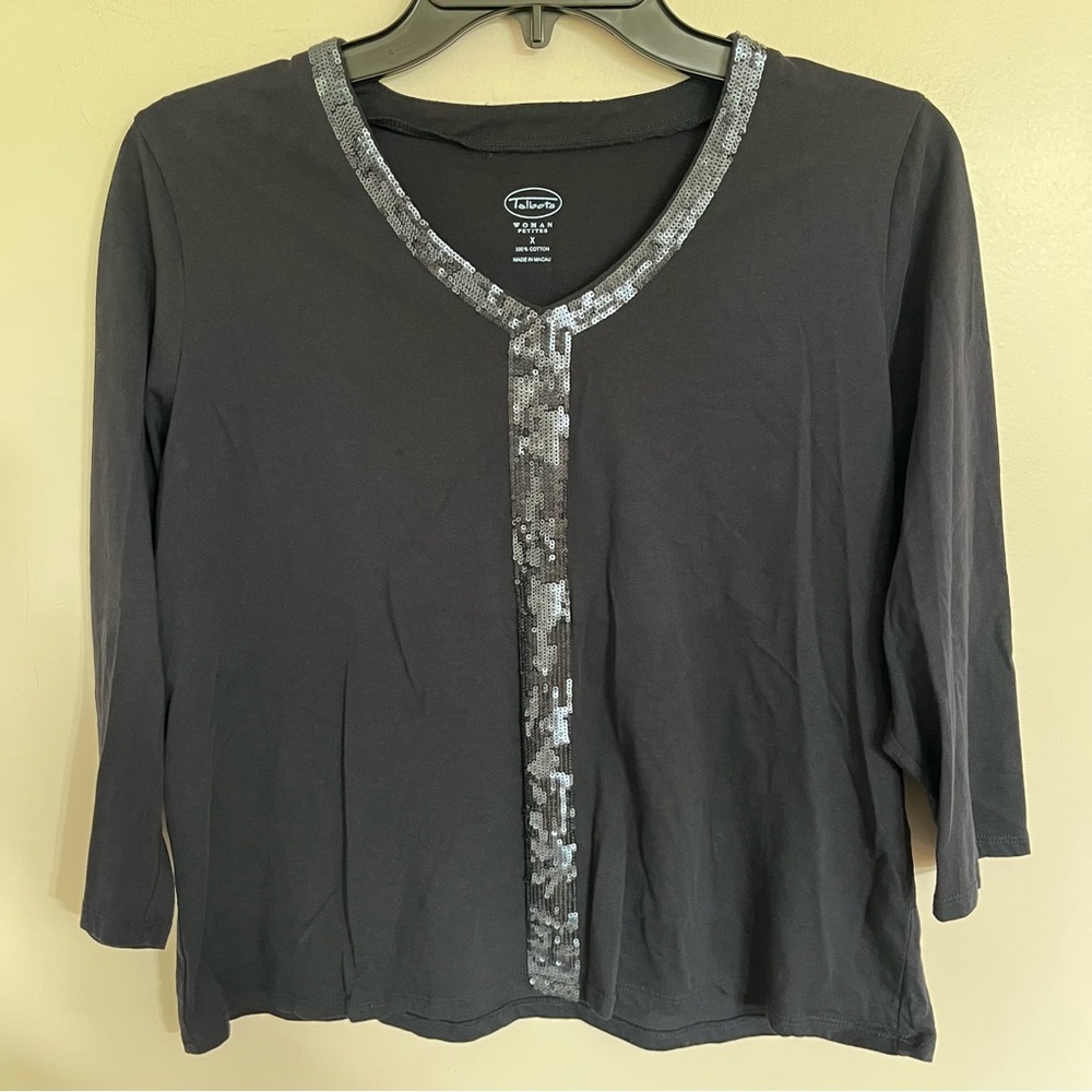 Talbots Woman Petites Cotton Sequin V-Neck Top 3/4 Sleeve Black Gray Size XP